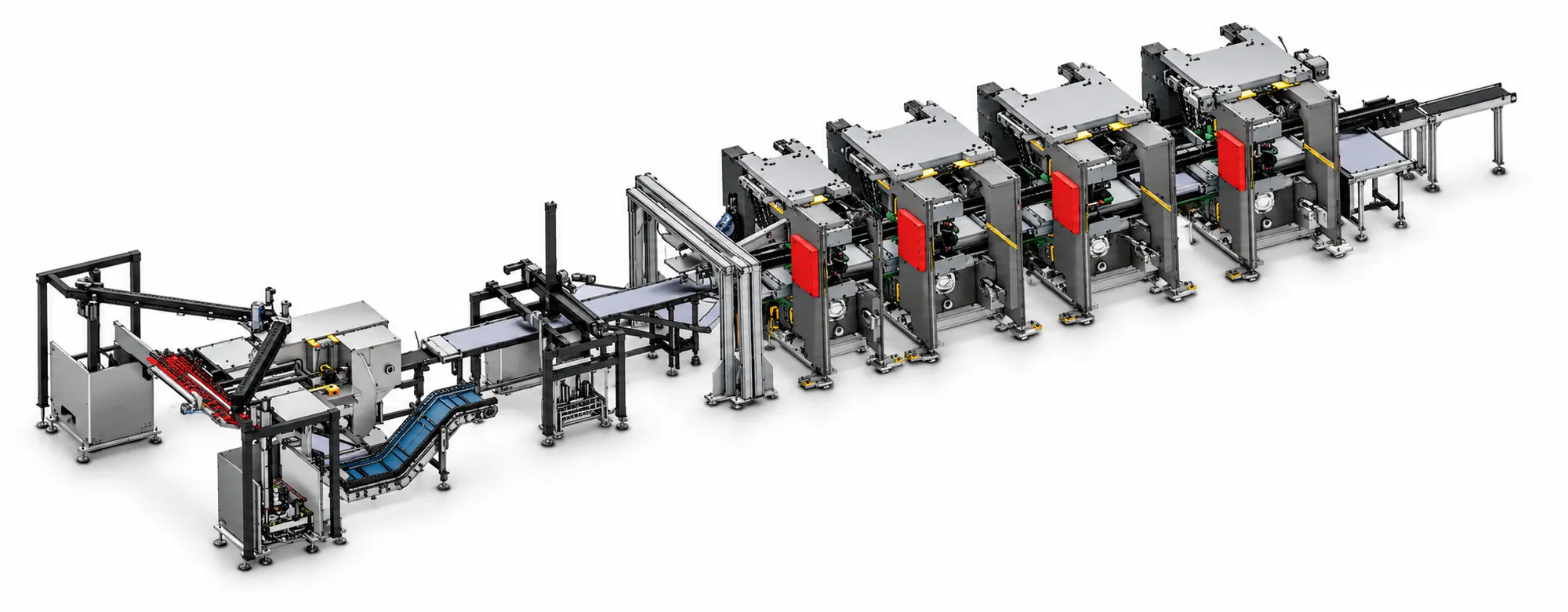 Linea di imbutitura profonda vista a tre quarti, con le quattro presse in fila