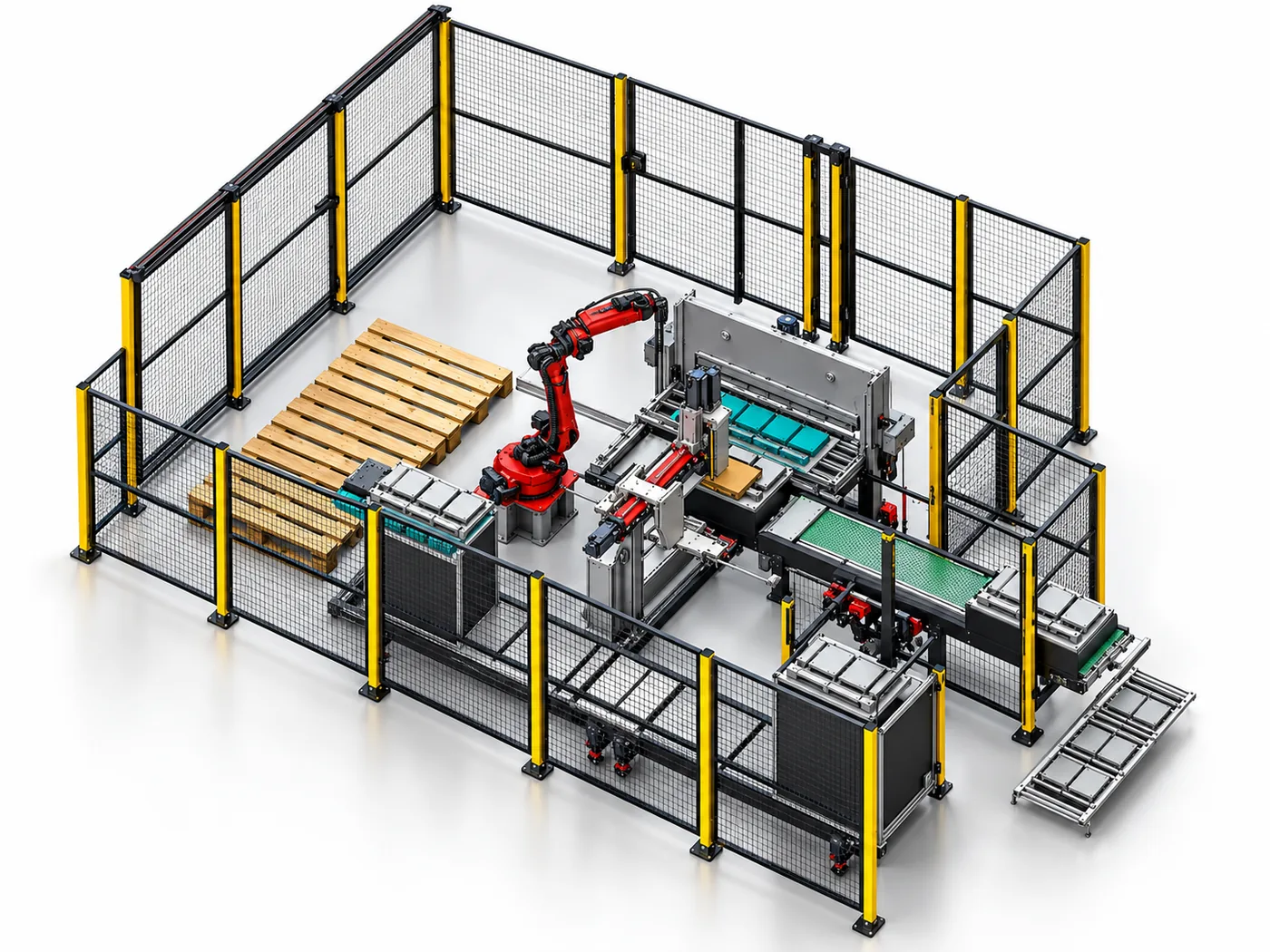 Cella rifila vassoi: robot, pallet di vassoi, cesoia elettrica e nastro di uscita dentro la recinzione