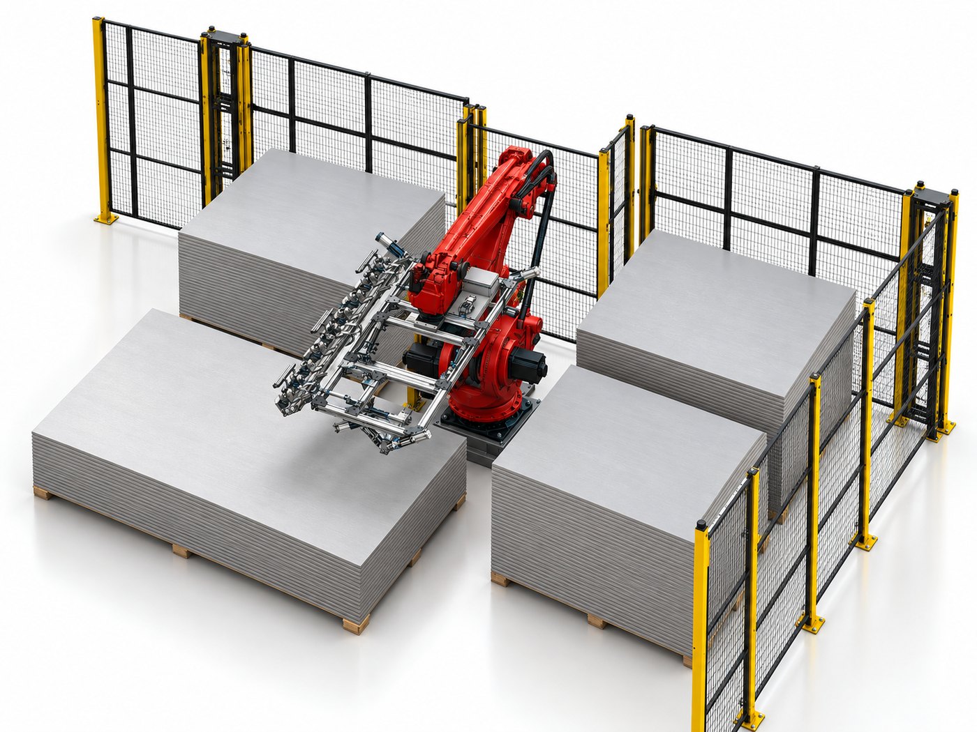 Cella robotizzata di carico V-lies: robot con pinza multipla tra quattro pallet di fogli